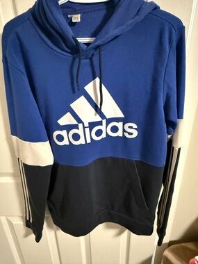 adidas Men’s Royal Blue & Navy Pullover Hoodie with White Logo
